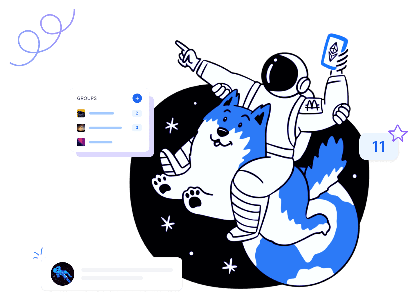 Astronaut riding a dog in space with the stars and earth in background, pointing top left